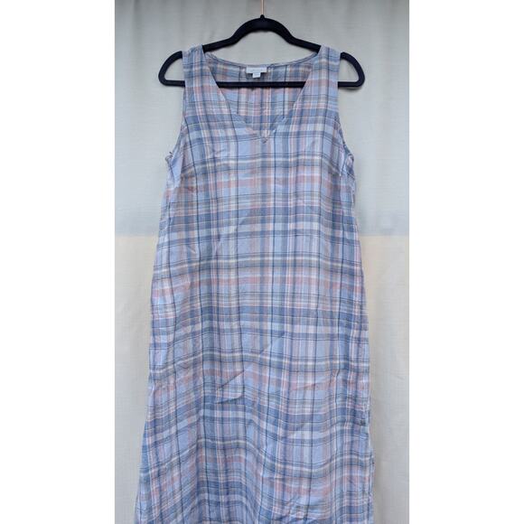 J.Jill Love Linen Womens Plaid Maxi Dress Medium Blue V-Neck Sleeveless Flaw - Picture 3 of 9